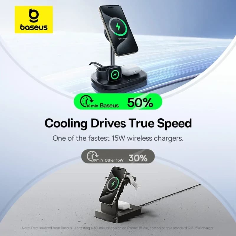 Baseus 22.5W 3-in-1 Wireless Charger Stand Qi2 15W Magnetic Fast Charging TEC Cooling For iPhone 16 15 14 AirPods Apple Watch - 3