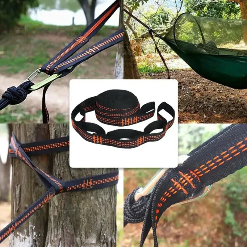 Correias de poliéster reforçado para acampamento ao ar livre Black Hammock Straps 5 Ring alta carga-rolamento farpado 2pcs - 6