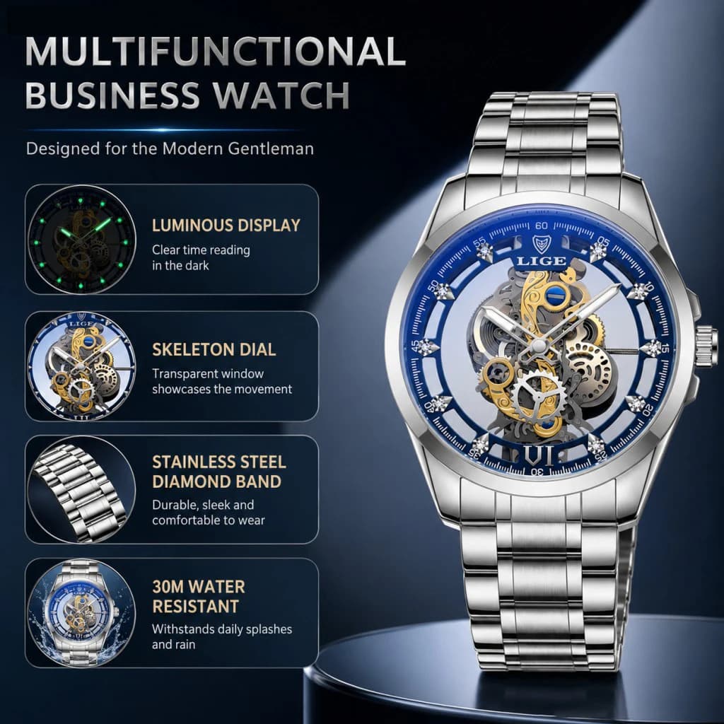 2026 LIGE Men Watch Skeleton Automatic Quartz Watch Gold Skeleton Vintage Man Watch Mens Watches Top Brand Luxury часы мужские