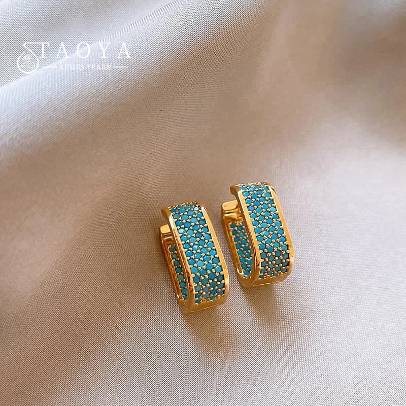 2025 New Plated 18K Gold Color Geometric U-shaped Ear buckle Luxury Blue Crystal Inlaid Earrings For Women's Trendy Jewelry Set