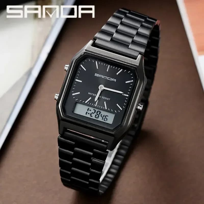 SANDA P747  Watch Luxury Mens Style Watches Stainless Steel Women LED Digital Dual Display Clock Unisex Waterproof Sports Quartz - 2