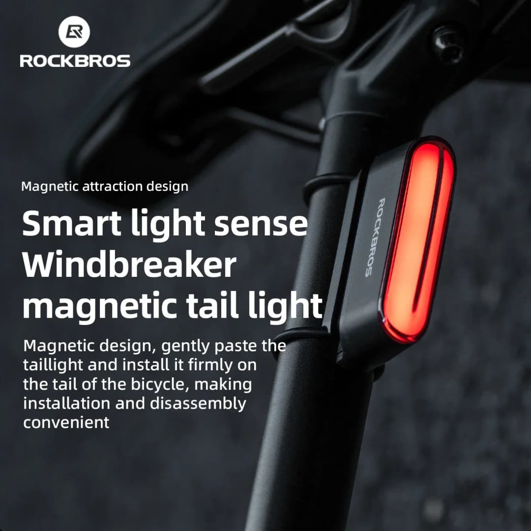 ROCKBROS إضاءة ذيل ذكية للدراجة مع خاصية البدء والإيقاف إضاءة ذيل مغناطيسية 7 أوضاع LED معدات ركوب ليلي للدراجة مستشعر فرامل ذكي