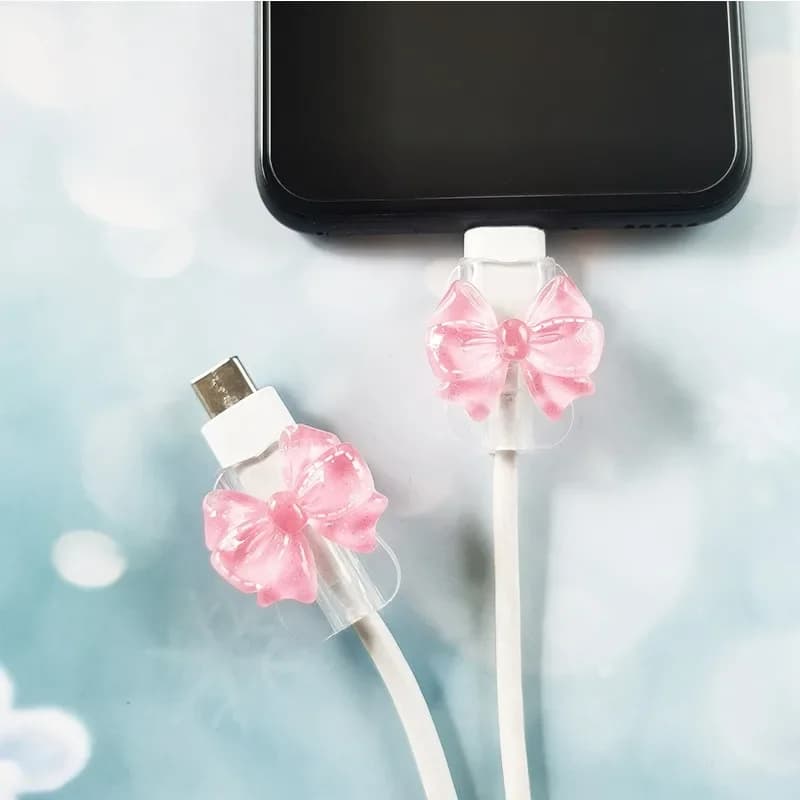 2Pcs Lovely Pink Bow Silicone Charger Cable Protector Sleeve Cable Holder Clip Anti-break Transparent Cord Cover Wrap - 6