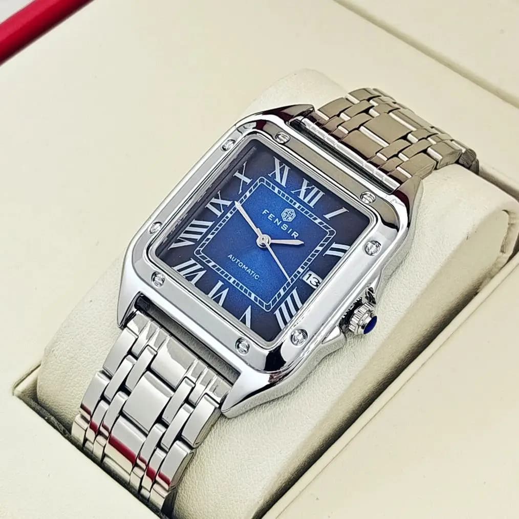 ساعة Santos Tank فاخرة للرجال، عرض التقويم، سوار من الفولاذ المقاوم للصدأ، ساعة رجالية مربعة صغيرة فاخرة، ساعة يد عصرية عملية متعددة الاستخدامات، أفضل هدية له - 3