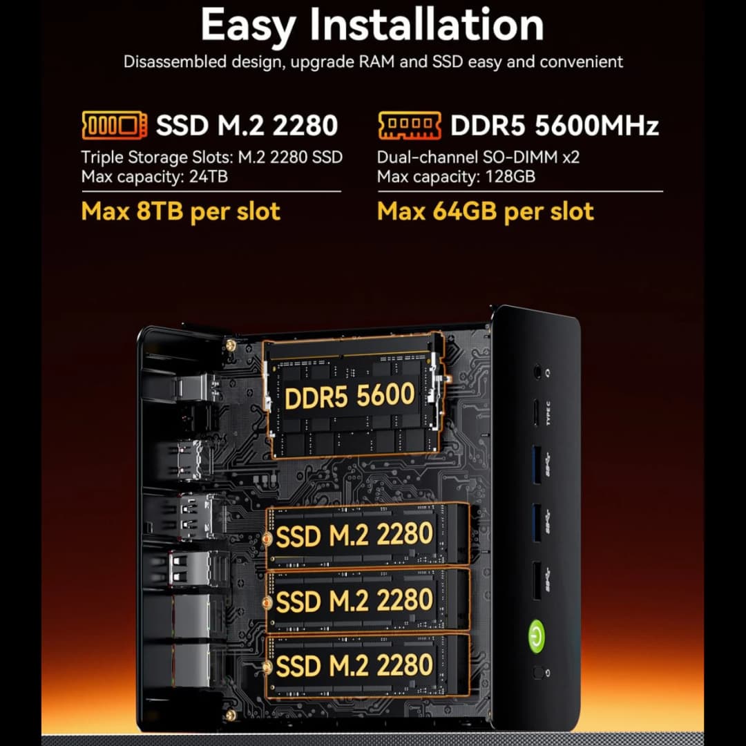 كمبيوتر ألعاب مصغر GMKtec K12، معالج AMD Ryzen 7 H 255 (محدث إلى 8745HS)، كمبيوتر مكتبي مصغر Radeon 780M، Wi-Fi 6E/BT5.2، USB-C، Barebone - 5