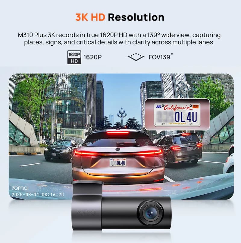 70mai كاميرا سيارة M310 Plus 3K مسجل سيارة WDR رؤية ليلية فائقة عدسة دوارة 360 درجة حارس وقوف السيارات 24 ساعة كاشف تصادم مسجل سيارة - 4