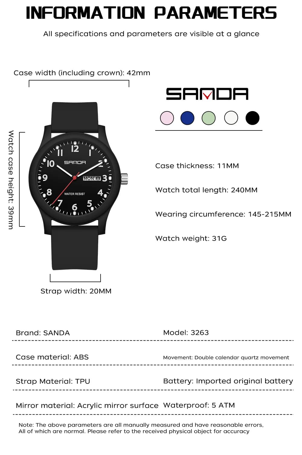 SANDA 3263 Fashion Casual Men Watch Silicone Strap Waterproof Luminous Clock Unisex Wristwatch Date Week Sport Man Watches - 5