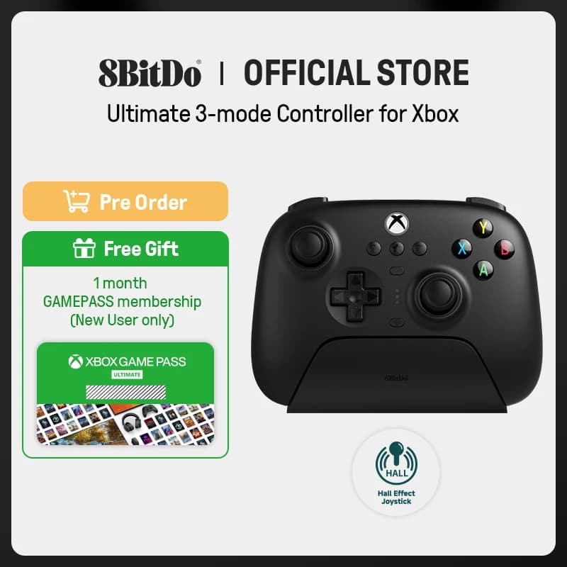 8BitDo وحدة تحكم ألعاب Ultimate 3-mode لXbox، عصي تحكم بتأثير هول، متوافقة مع Windows، وأندرويد