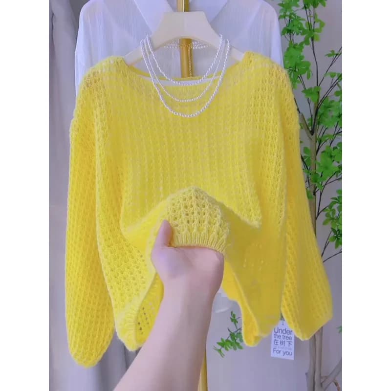 سويت شيرت محبوك رقيق بأكمام طويلة للنساء، تصميم فينتاج فضفاض وقابل للتنفس - 2