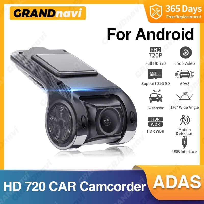 كاميرا سيارة Grandnavi HD مسجلة فيديو ADAS بدقة 720P، بطاقة USB TF سعة 16/32 جيجابايت، مسجل تلقائي مشغل وسائط متعددة أندرويد مع إنذار صوتي