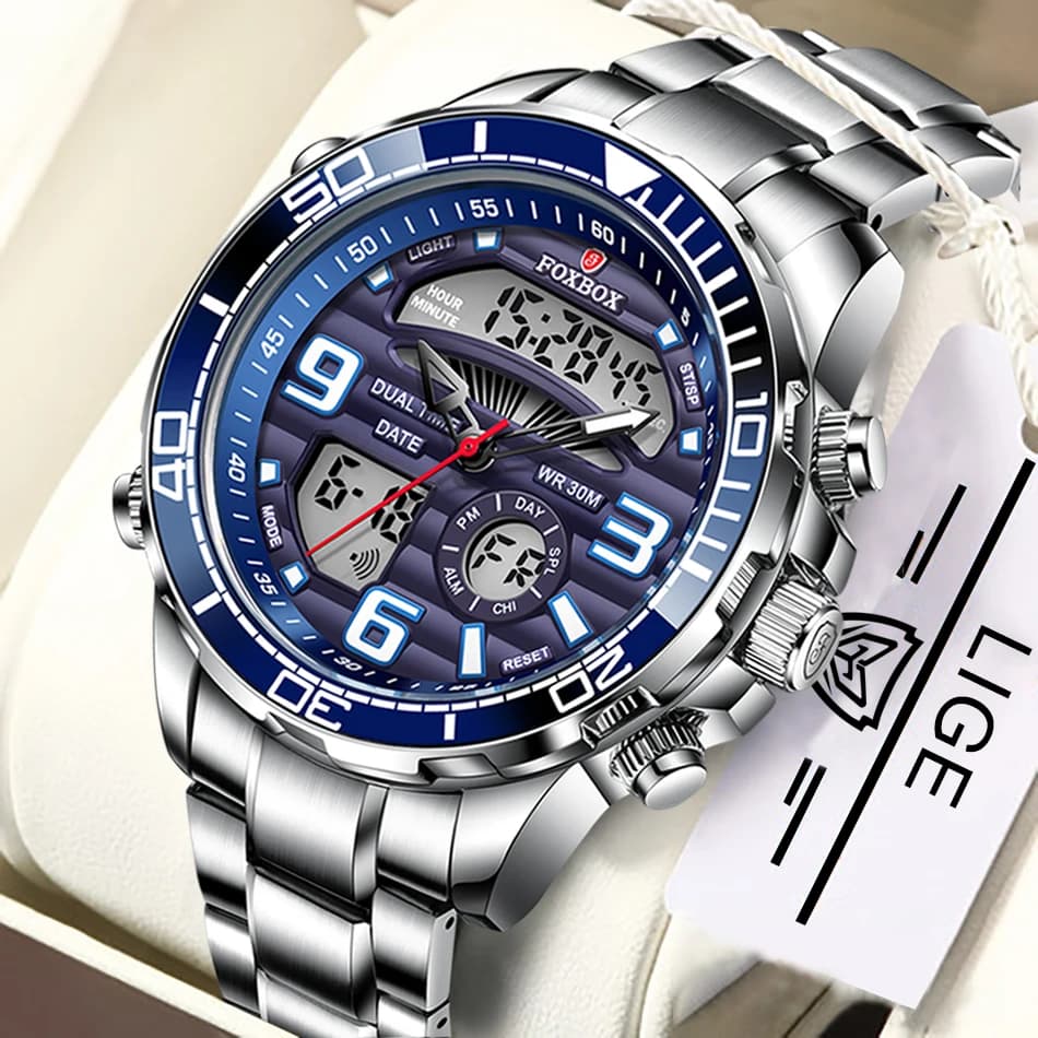 2025 LIGE Brand Foxbox Digital Mens Watches Top Luxury Sport Quartz Wristwatch For Men All Steel Military Waterproof Clock+Box