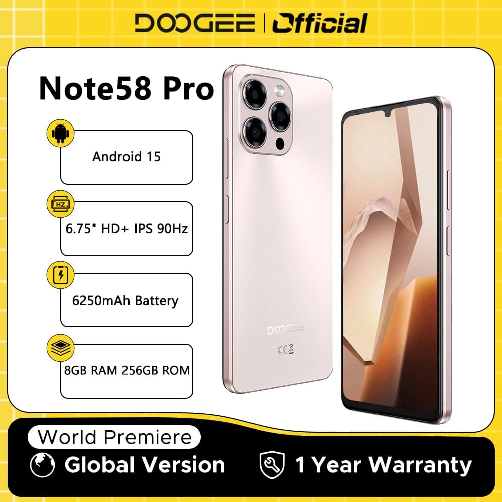 هاتف DOOGEE Note58 Pro الذكي الإصدار العالمي بشاشة 6.75 بوصة HD+ وذاكرة وصول عشوائي 8 جيجابايت وذاكرة قراءة فقط 256 جيجابايت وبطارية كبيرة 6250 مللي أمبير في الساعة وNFC ونظام أندرويد 15