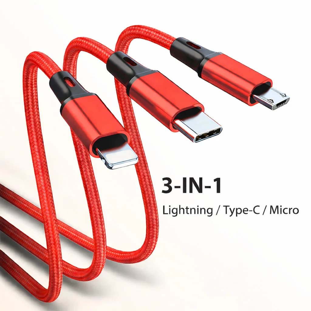 شاحن 3 في 1، كابل USB شحن سريع نوع C ومايكرو ولايتنينج، متوافق مع آيفون وهواوي وسامسونج، سلك مضفر من النايلون - 3