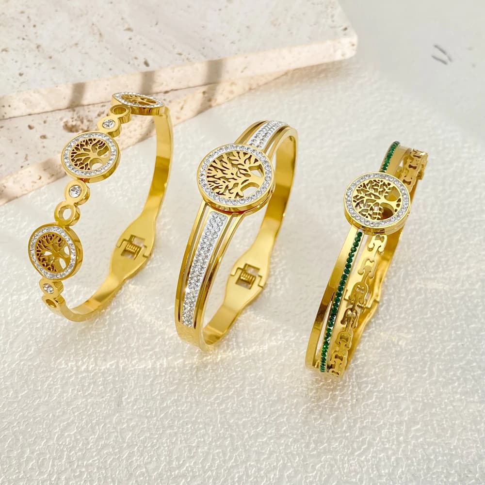 Luxury Stainless Steel Tree of Life Open Bracelet For Women Men Gold-color Cubic Zircon No Fade Color Lucky Cuff Bangle Jewelry
