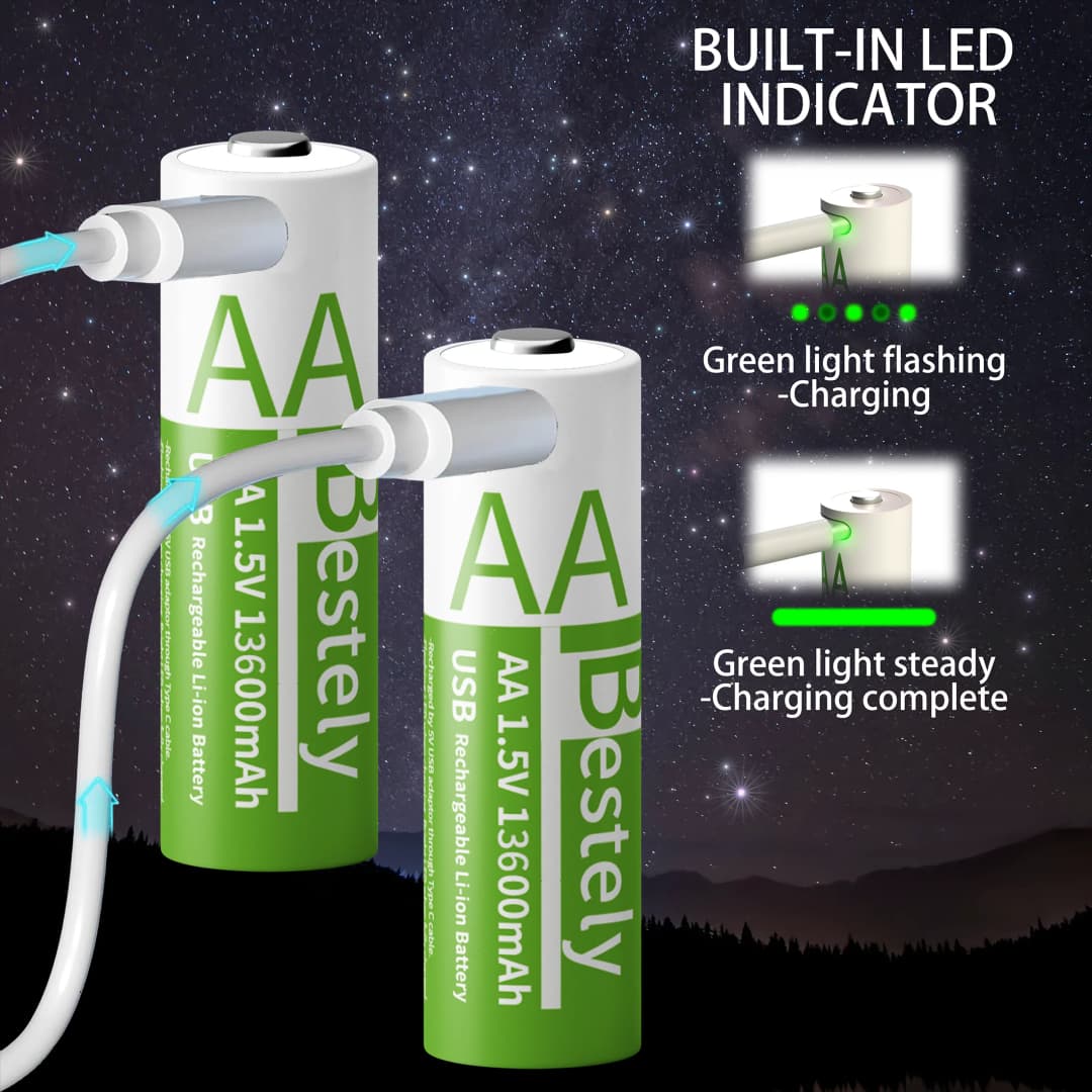 بطارية ليثيوم قابلة لإعادة الشحن Bestely 1.5V AA 13600mAh بطاريات أيونات الليثيوم طويلة الأمد شحن سريع 2000 دورة مع كابلات USB-C - 4