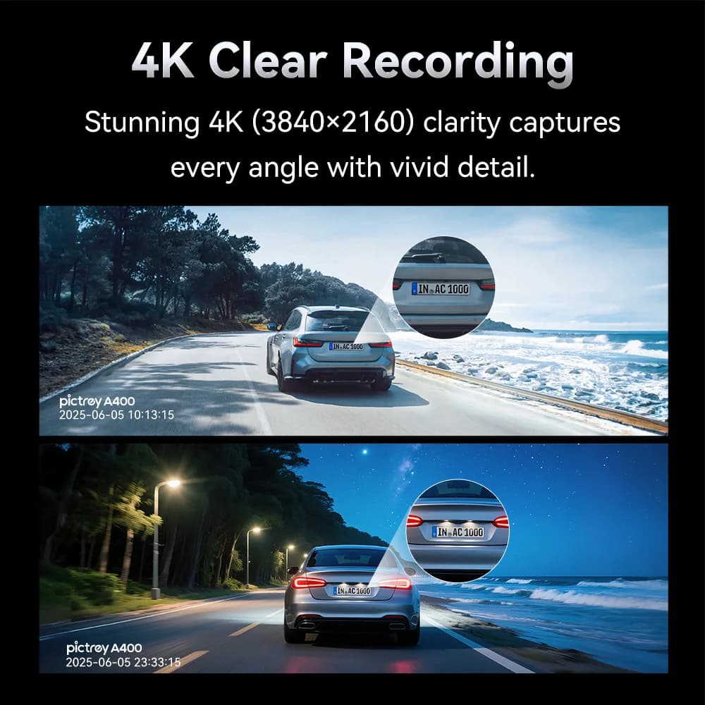 كاميرا داش للسيارة بيكتري A400 بدقة 4K - مع ADAS وواي فاي، شاشة IPS 1.9 بوصة، تدعم مراقبة الانتظار والرؤية الليلية - 3