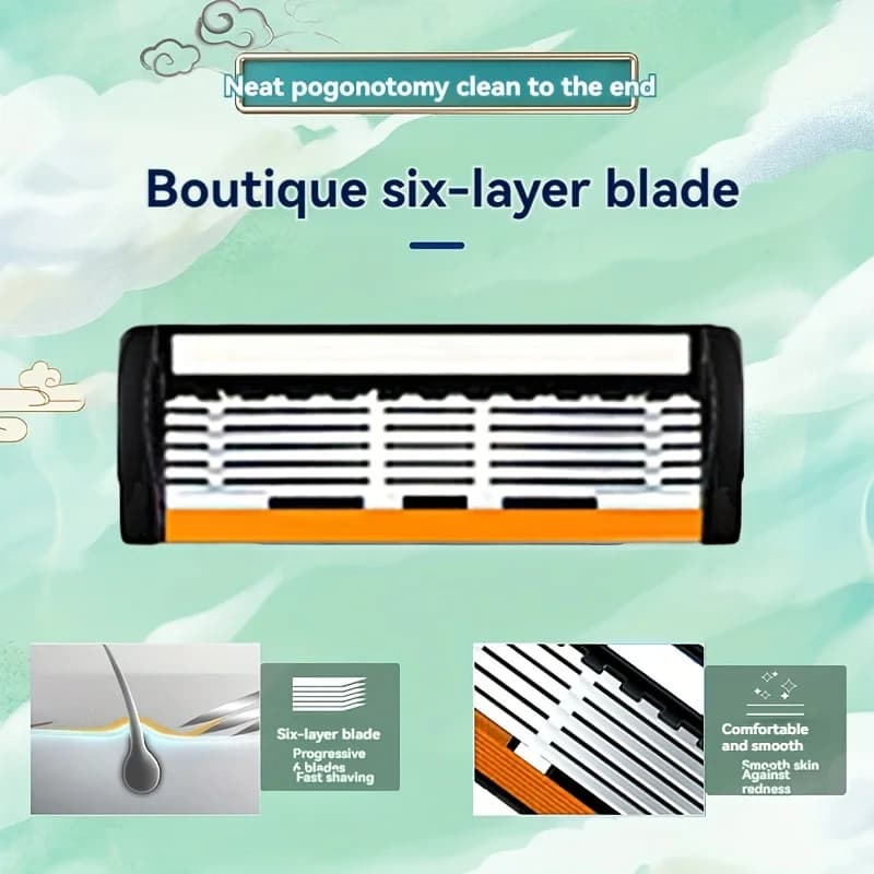 1 Handle + 3/6/12 Blades/ Men Women Manual Safety Razor 6-Layer Stainless Steel Hair Removal Shaving Replaceable Shaver Head - 4