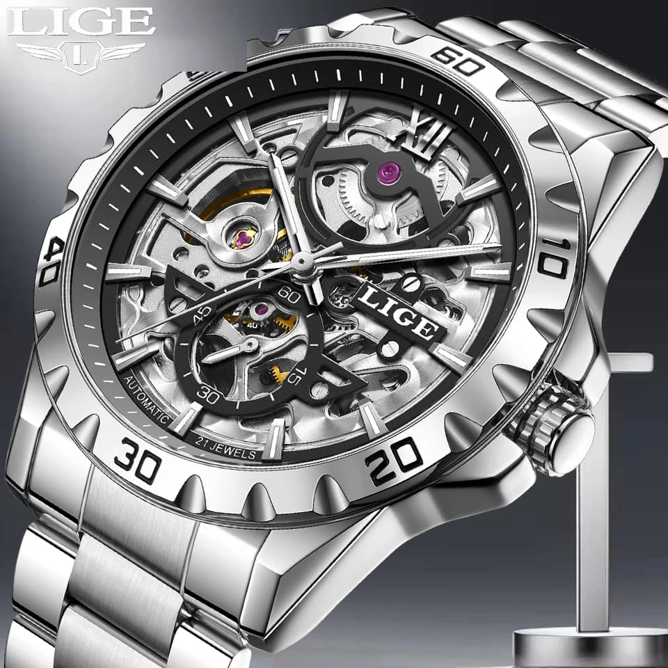 LIGE Hollow Skeleton Men's Mechanical Wristwatches Fashion Luminous Watch Men Military Sports Waterproof Automatic Watch For Men