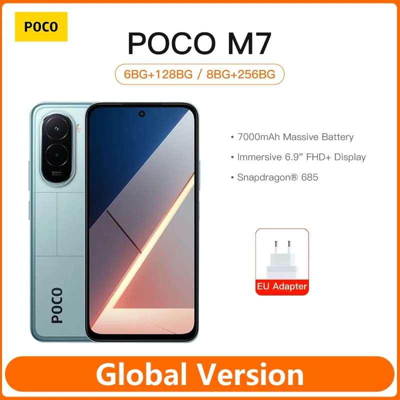 هاتف شاومي POCO M7 نسخة عالمية 128 جيجابايت 256 جيجابايت معالج Snapdragon 685 بطارية 7000 مللي أمبير شاشة 6.9 بوصة 144 هرتز NFC شحن سريع 33 واط