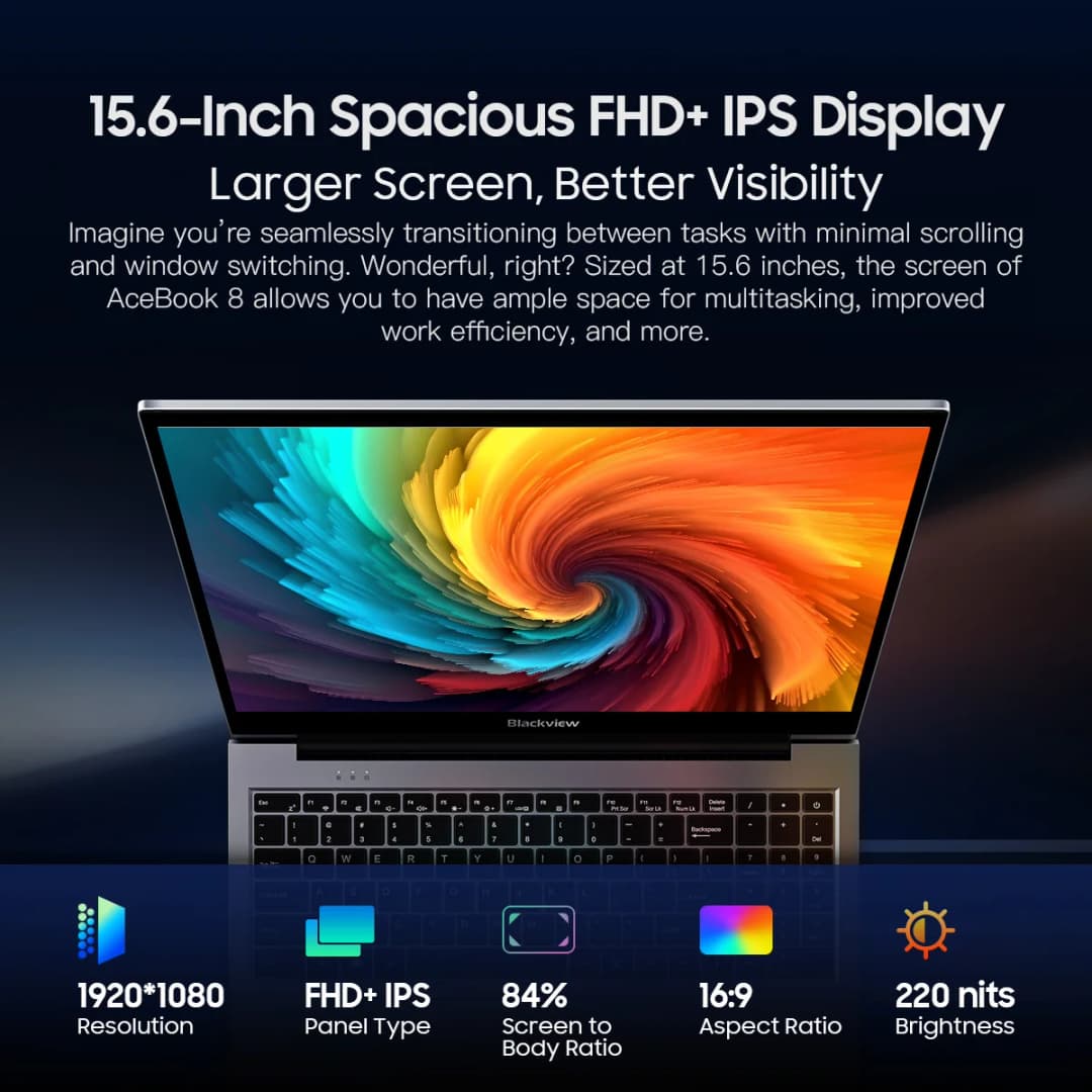Blackview Acebook 8 Laptop 15.6''  Win 11 12th Gen Intel Core N97 processor 16GB DDR4 512GB SSD 5000mAh Battery with 36W Charge - 3