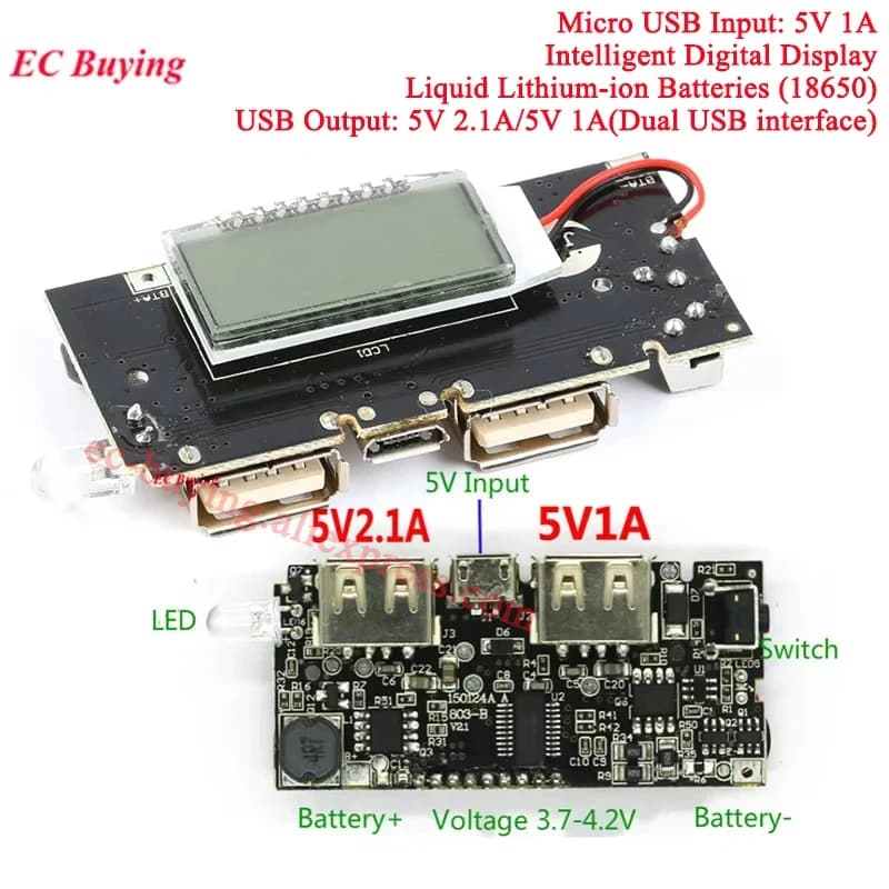 وحدة تحكم شاحن بنك طاقة محمول 3 منافذ USB من 3V إلى 5V 2A 1A وحدة تعزيز الطاقة لوحة شحن بطارية ليثيوم مع إضاءة LED - 6