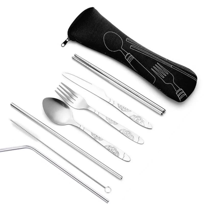 7pcs/ Set Stainless Steel Tableware Set Outdoor Portable Cloth Bag Knife Fork Spoon Chopsticks Straw Rich Flowers Seven Sets - 2