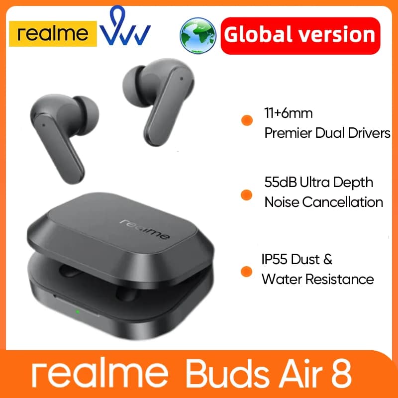 realme Buds Air 8 الإصدار العالمي إلغاء الضوضاء النشط سماعة أذن لاسلكية حقيقية ساعات بطارية بلوتوث 5.4 سماعات TWS