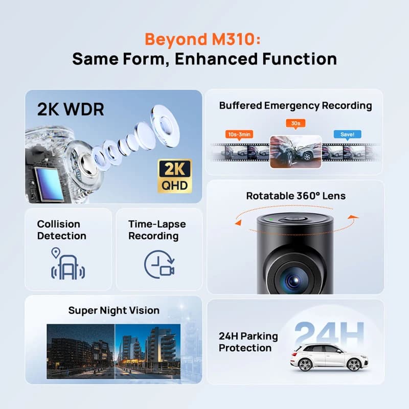 كاميرا داش 70mai M310 بلس بدقة 2K 1440P، زاوية رؤية 143 درجة، تحكم صوتي ذكي، وضع ركن السيارة 24 ساعة، رؤية ليلية - 6