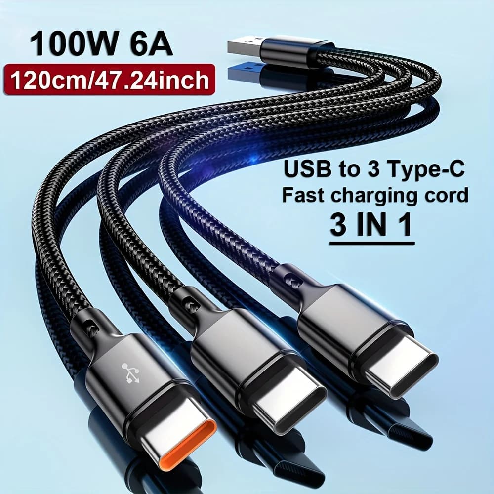 كابل 3 في 1، USB-Type C، 100 واط، شحن سريع، كابل بيانات USB A-3Type-C لسامسونج S24 وشاومي وهواوي وأندرويد، سلك نقل بيانات USB C