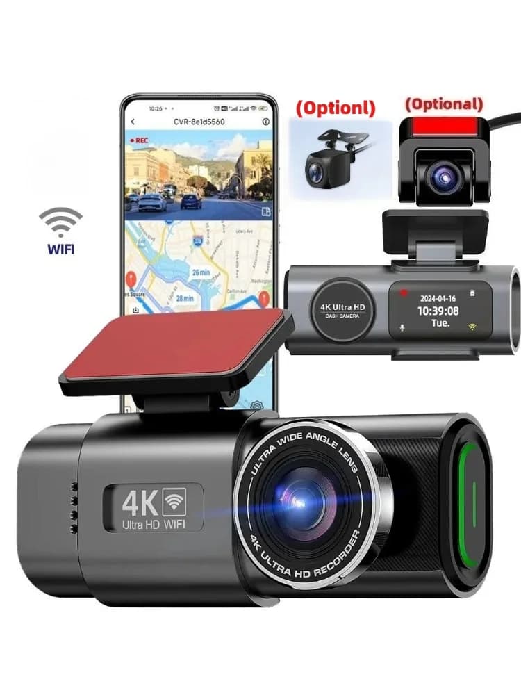 كاميرا سيارة بدقة 4K UHD تسجيل مستمر، تسجيل فيديو برؤية ليلية، واي-فاي مدمج، دعم GPS، مراقبة 24 ساعة