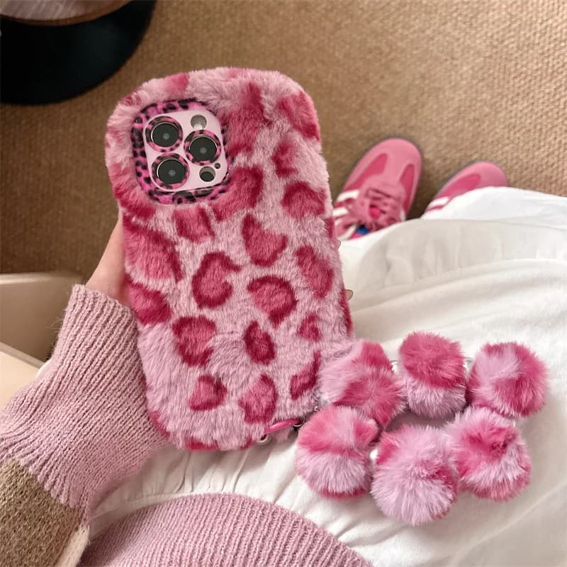 Fashion Leopard Furry Plush Lens Bracket Phone Case For iPhone 17Air 15 14 13 12 11 16 Pro Max With Wrist Chain Shockproof Cover - 2