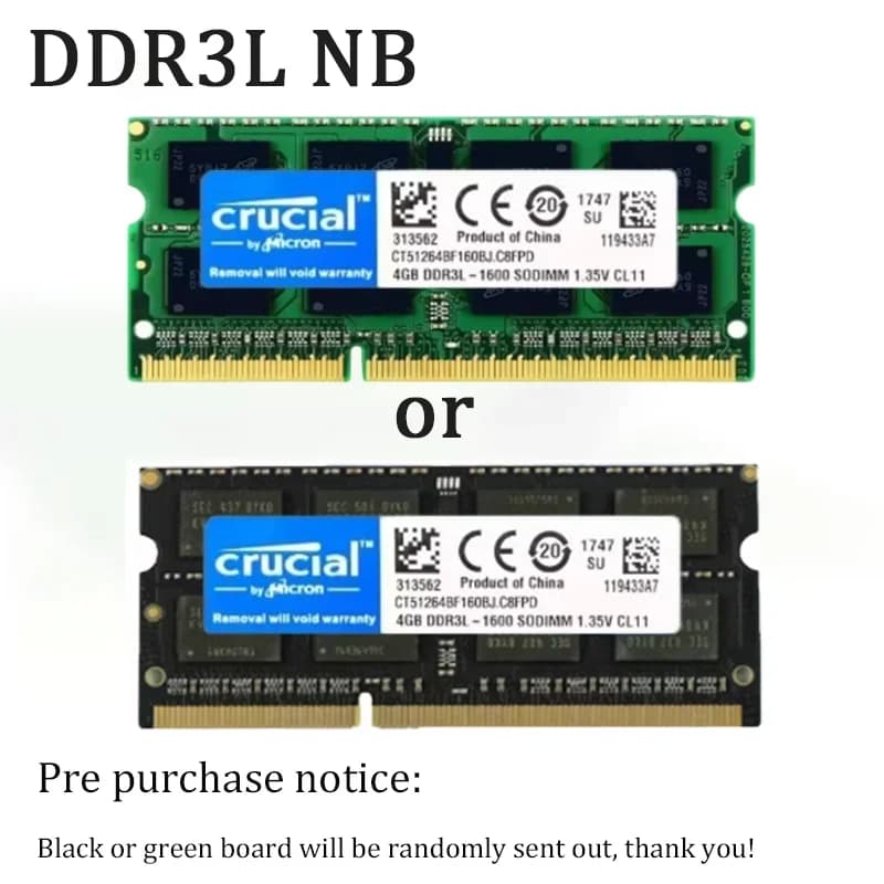 ذاكرة رام Crucial DDR3L بسعة 4 جيجا بايت و8 جيجا بايت للابتوب، 1333 ميجا هرتز و1600 ميجا هرتز، PC3L 10600S 12800S، 204 دبوس، 1.35 فولت SODIMM - 3