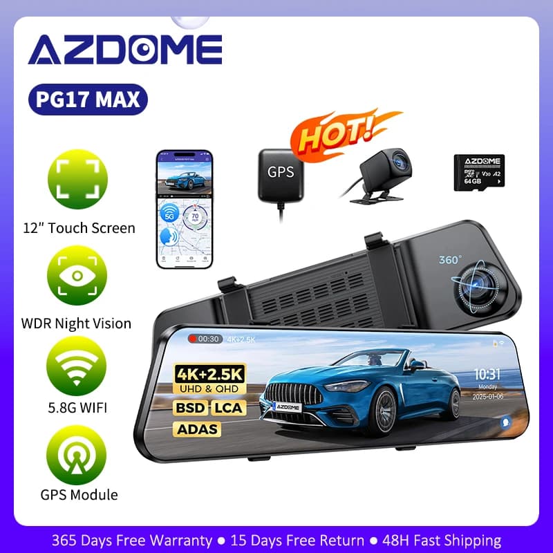 AZDOME PG17 MAX Front and Rear Dash Cam 12 Inch Touch Screen Car DVR 4K+2.5K Rearview Mirror Camera GPS WIFI Voice Control ADAS