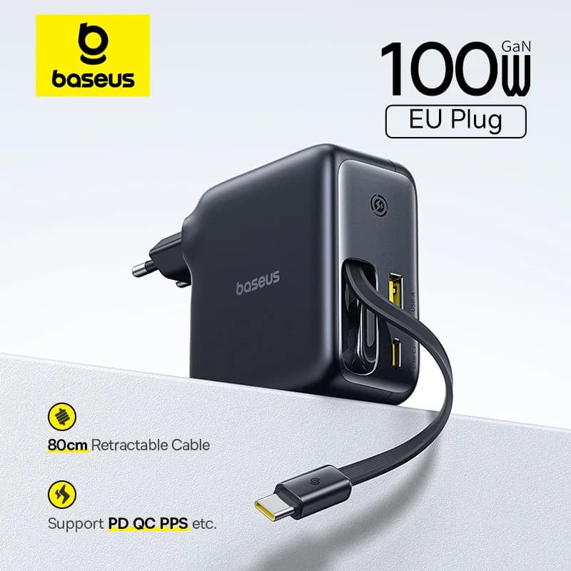 Baseus 100W Quick Charger Fast Charger For Tablet Laptop Retractable USB C Charger Cable Phone Charger For iPhone Samsung