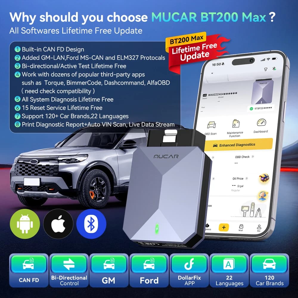 ماسح MUCAR BT200 Max OBD2 تحديث مجاني مدى الحياة تحكم ثنائي الاتجاه CAN FD أداة تشخيص جميع الأنظمة 15 إعادة ضبط لجميع السيارات - 2