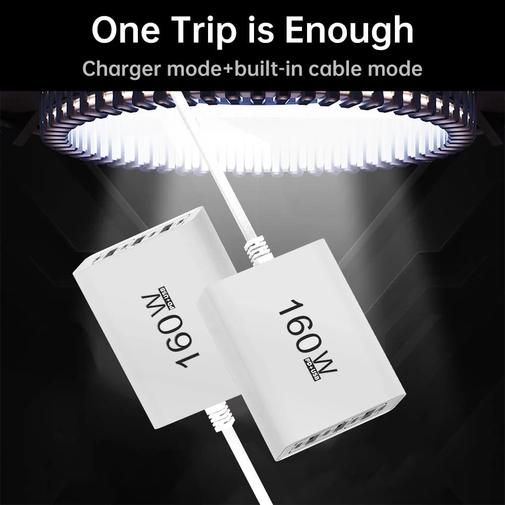 160W USB Charger 7-Port Multi Device Fast Charging Station PD QC3.0 Built-in Cable for iPhone Samsung Xiaomi iPad EU US Plug - 5