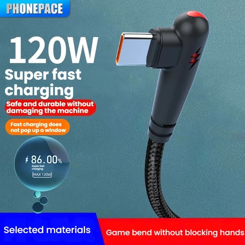 90 درجة الكوع USB نوع C كابل 120 واط شحن سريع شاحن الهاتف سلك البيانات لسامسونج شاومي هواوي شحن سريع USB C كابل - 3