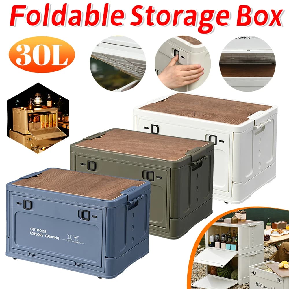 20/30LOutdoor Collapsible Storage Bin Side Open Car Storage Box With Wooden Lid Stackable Camping Storage Container Outdoor Tool