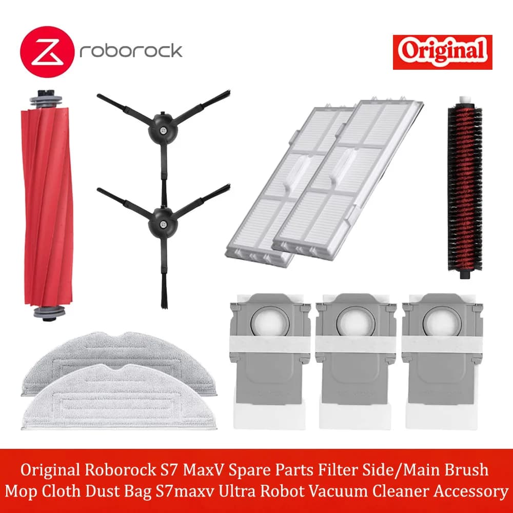 قطع غيار أصلية Roborock S7 MaxV: فلتر، فرشاة جانبية/رئيسية، ممسحة، كيس غبار لمكنسة روبوتية S7maxv Ultra