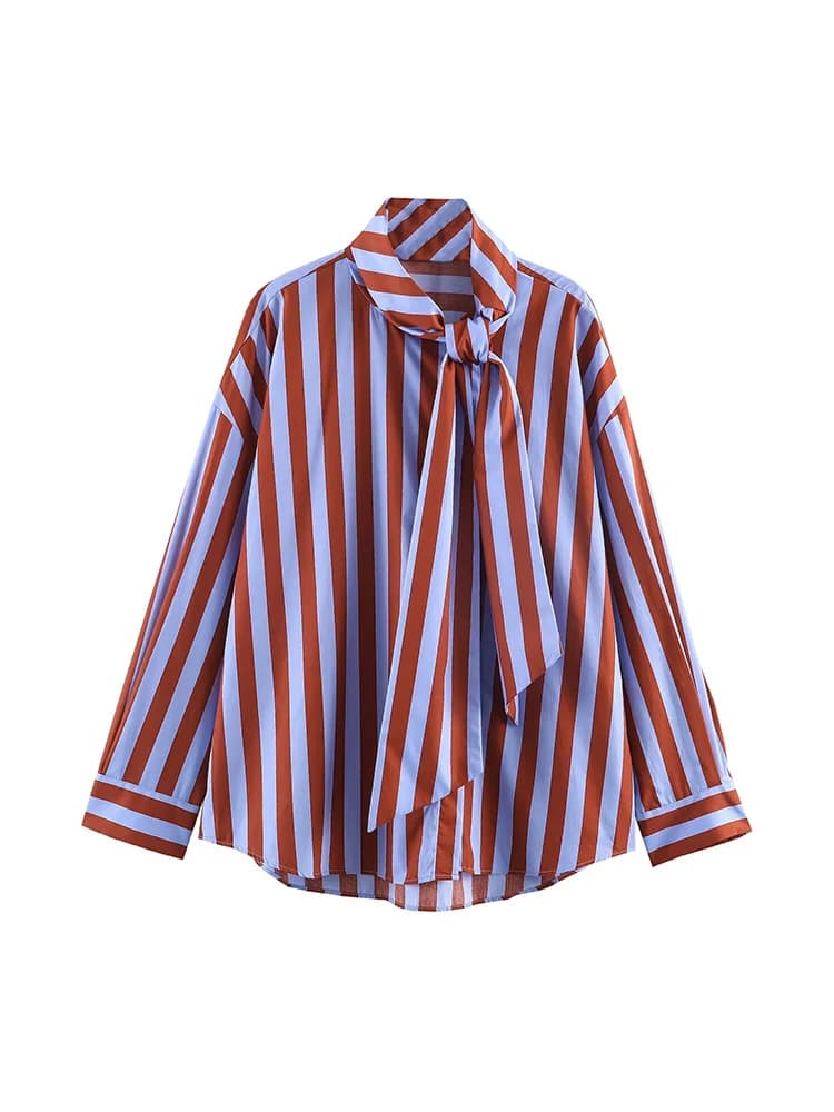 TFMLN Women Spring New Striped Shirt Elegant Bow Neck Single Breasted Loose Blouse Casual Vintage Printed Long Sleeve Shirts - 4