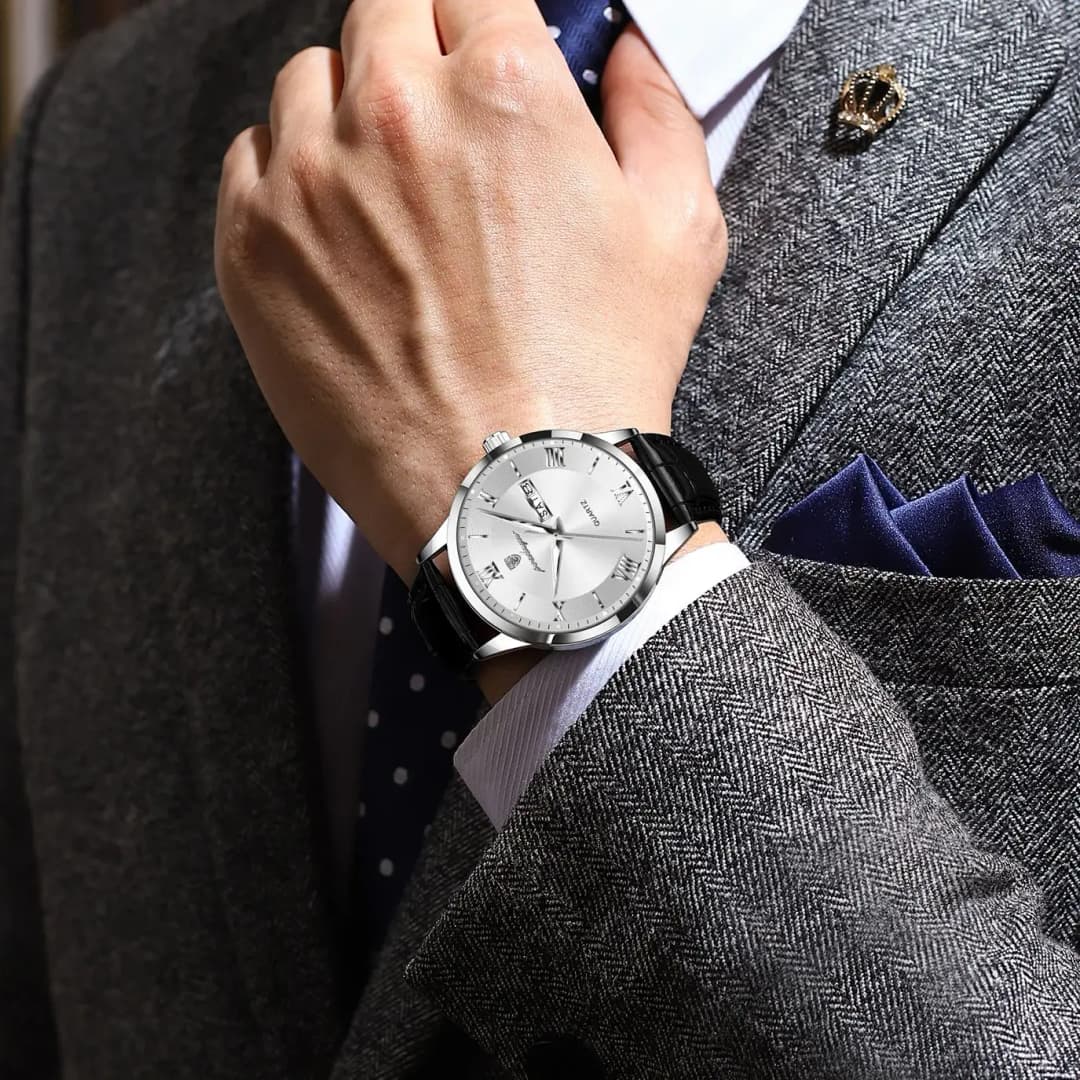 ساعة يد رجالية فاخرة كلاسيكية من POEDAGAR، تاريخ وأسبوع، ساعة عمل جلدية مقاومة للماء مضيئة موضة كوارتز - 5