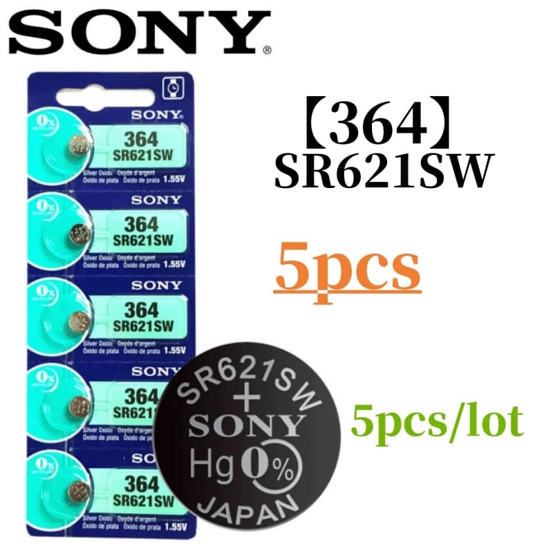 5 قطع بطارية Sony AG1 364 أصلية، SR621SW، SR621، 364، LR621، 364A، AG1، SR621W، S621، LR60، 164، D364، أكسيد الفضة