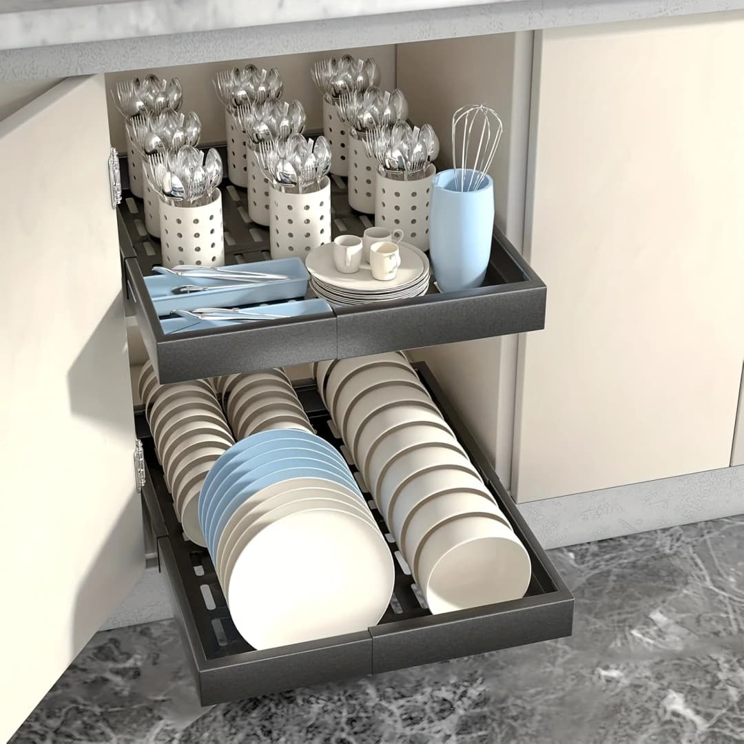 Pull Out Tray Organizer Kitchen Storage Rack Cabinet Expandable Under Sink Spice Boxes Silent Slide Drawer Style Bowl Dish Shelf - 6