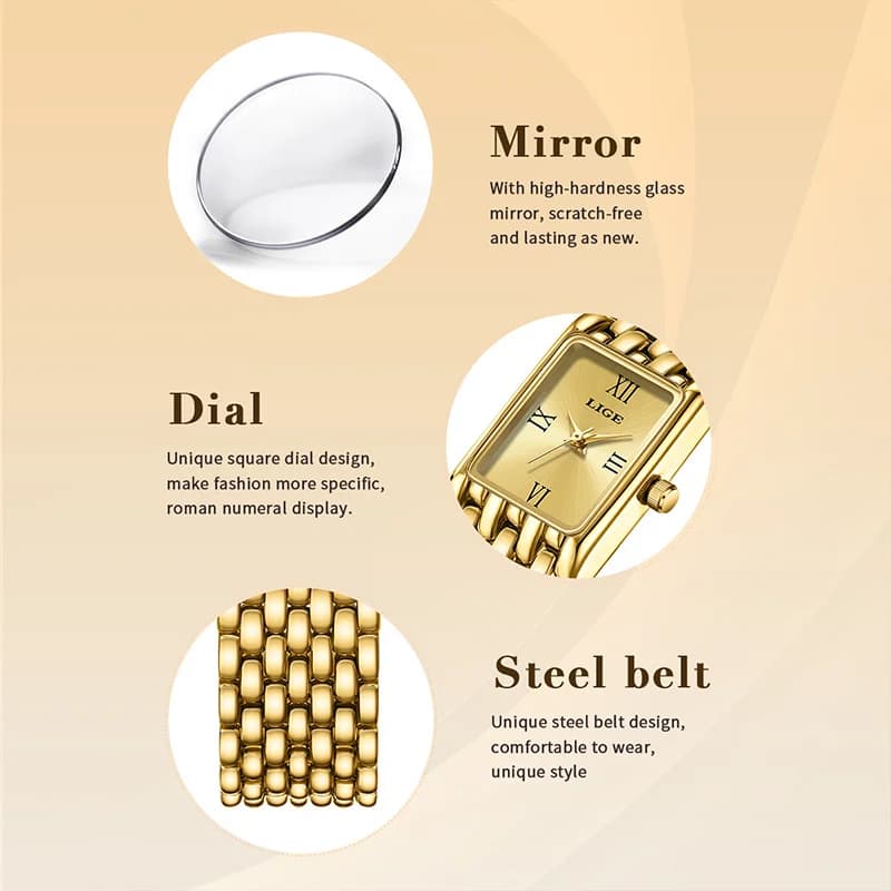 LIGE Luxury Square Ladies Watches Waterpoof Stainless Steel Quartz Wristwatches Fashion Classic Business Gift Watches For Woman - 5