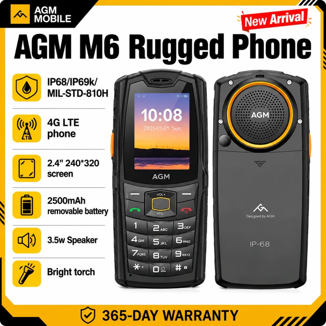 AGM M6 Rugged Phone Loud 103dB Speaker 2.4" Screen 4G Dual SIM 2500mAh Battery BT5.1 FM Radio IP68/IP69K-Senior-Friendly Phone