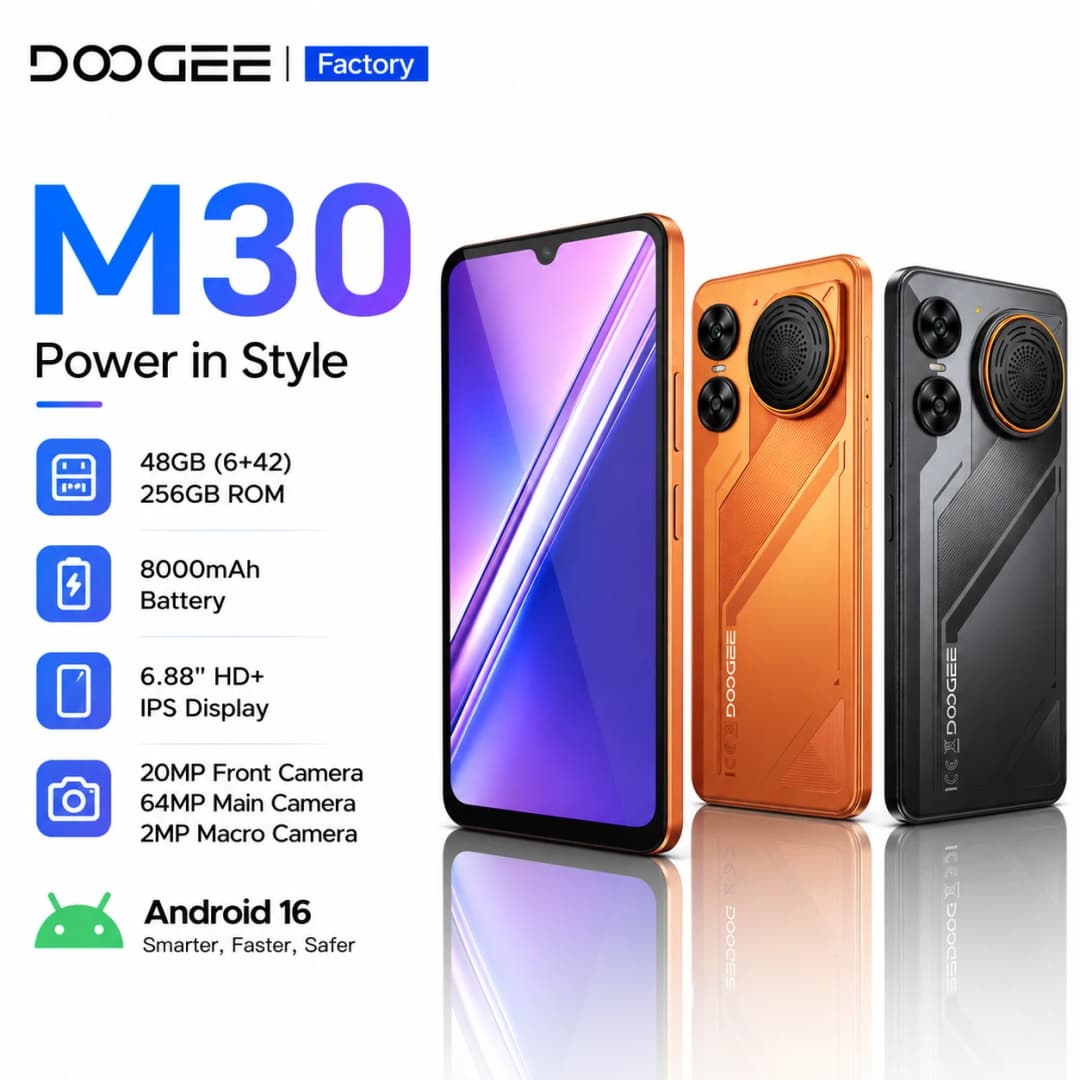 الإصدار العالمي لهاتف DOOGEE M30 الذكي بشاشة 6.88 بوصة HD+IPS وذاكرة 48 جيجابايت (6+42) + 256 جيجابايت وبطارية 8000 مللي أمبير وكاميرا 64 ميجابكسل ومعالج ثماني النواة ونظام أندرويد 16 وNFC وشحن 33 واط