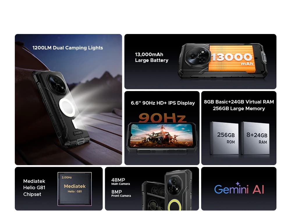 هاتف DOOGEE Fire 5 Ultra المتين مع معالج Helio G81 وإضاءة تخييم بطارية 13000mAh ذاكرة 32GB رام و256GB روم كاميرا 48MP AI شاشة 6.6 بوصة HD+ 90Hz - 3