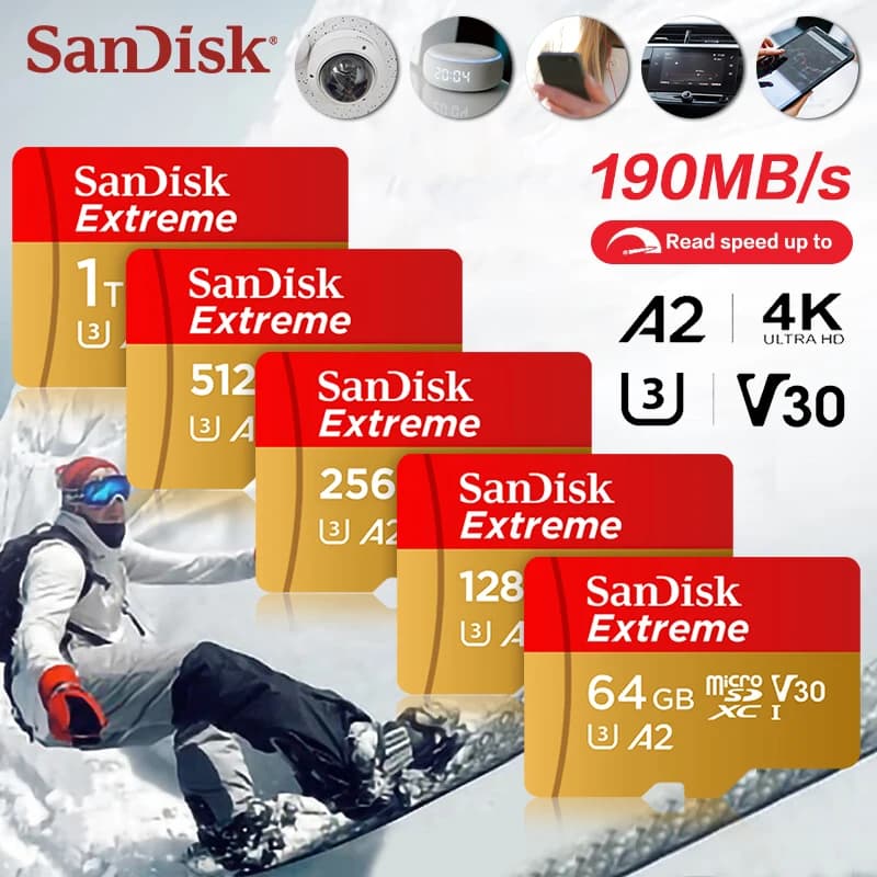 سان ديسك إكستريم A2 V30 4K بطاقة ذاكرة MicroSD للطائرات بدون طيار الهاتف كاميرا السيارة بسرعة قصوى 190 ميجابايت/ثانية بطاقة microSDXC فلاش TF 32 جيجابايت 64 جيجابايت 128 جيجابايت 256 جيجابايت - 4