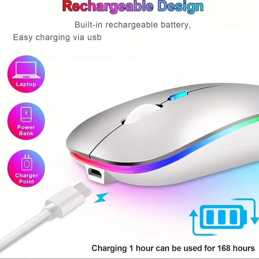Ultra-Slim Wireless Rechargeable Mouse with LED Lighting, Dual Mode (BT & 2.4G), Compatible with iPad, Laptop, PC, Mac, Windows - 3