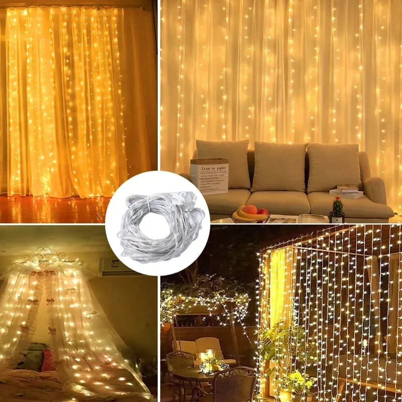 ستائر LED بطول 3/9 متر مع 8 أوضاع، تحكم عن بعد، إضاءة سلسلة للزفاف والعطلات، ديكور لغرف النوم والمعيشة - 5